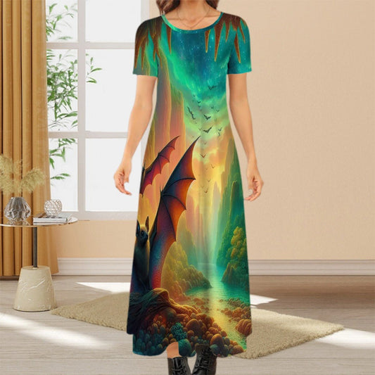 Bat Paradise Crew Neck Short Sleeve Maxi Dress - Gregg Acini Adoree Designs - Dress