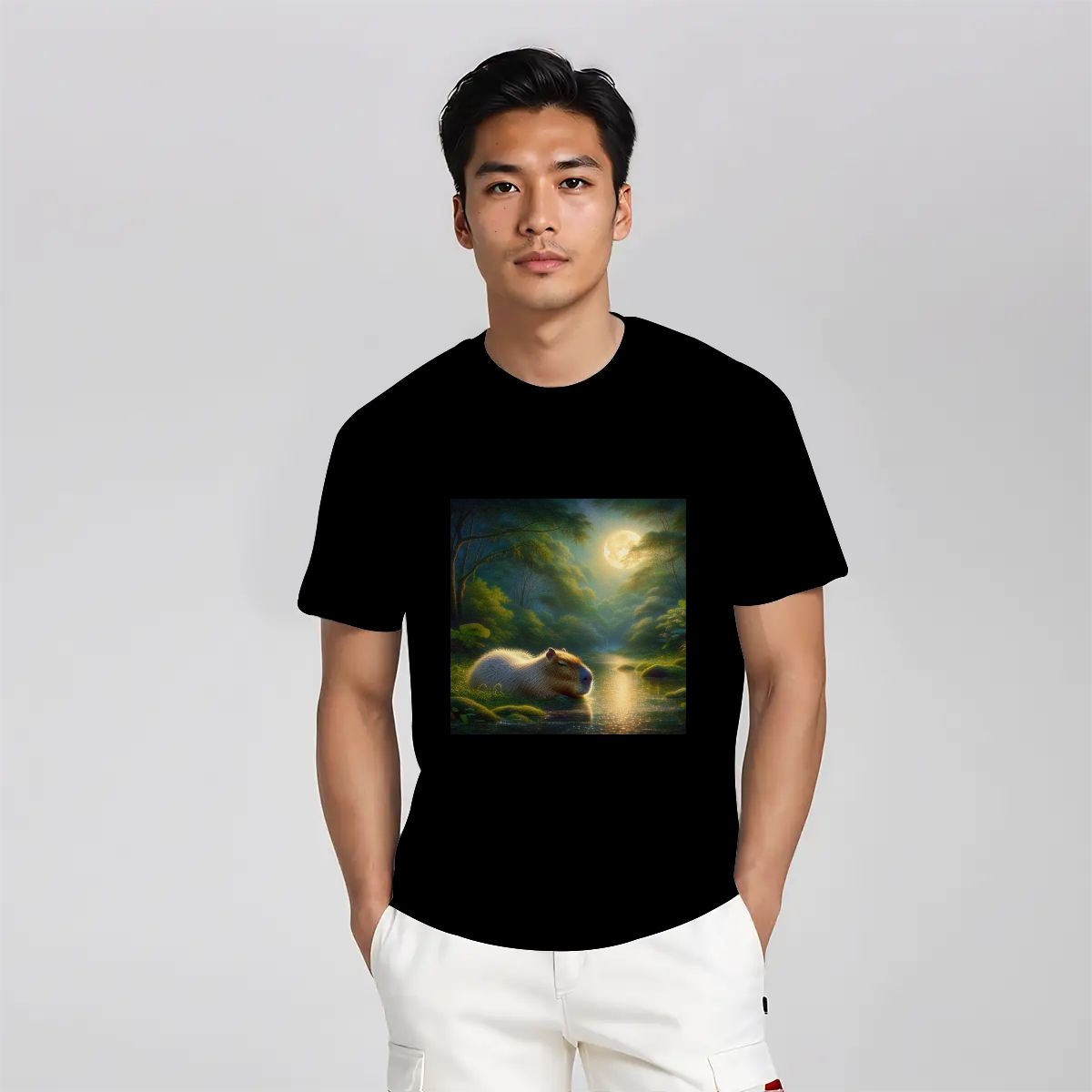 Capybara Under a Golden Moon - Gildan 5000 Unisex Cotton Tee - Gregg Acini Adoree Designs - T-Shirt