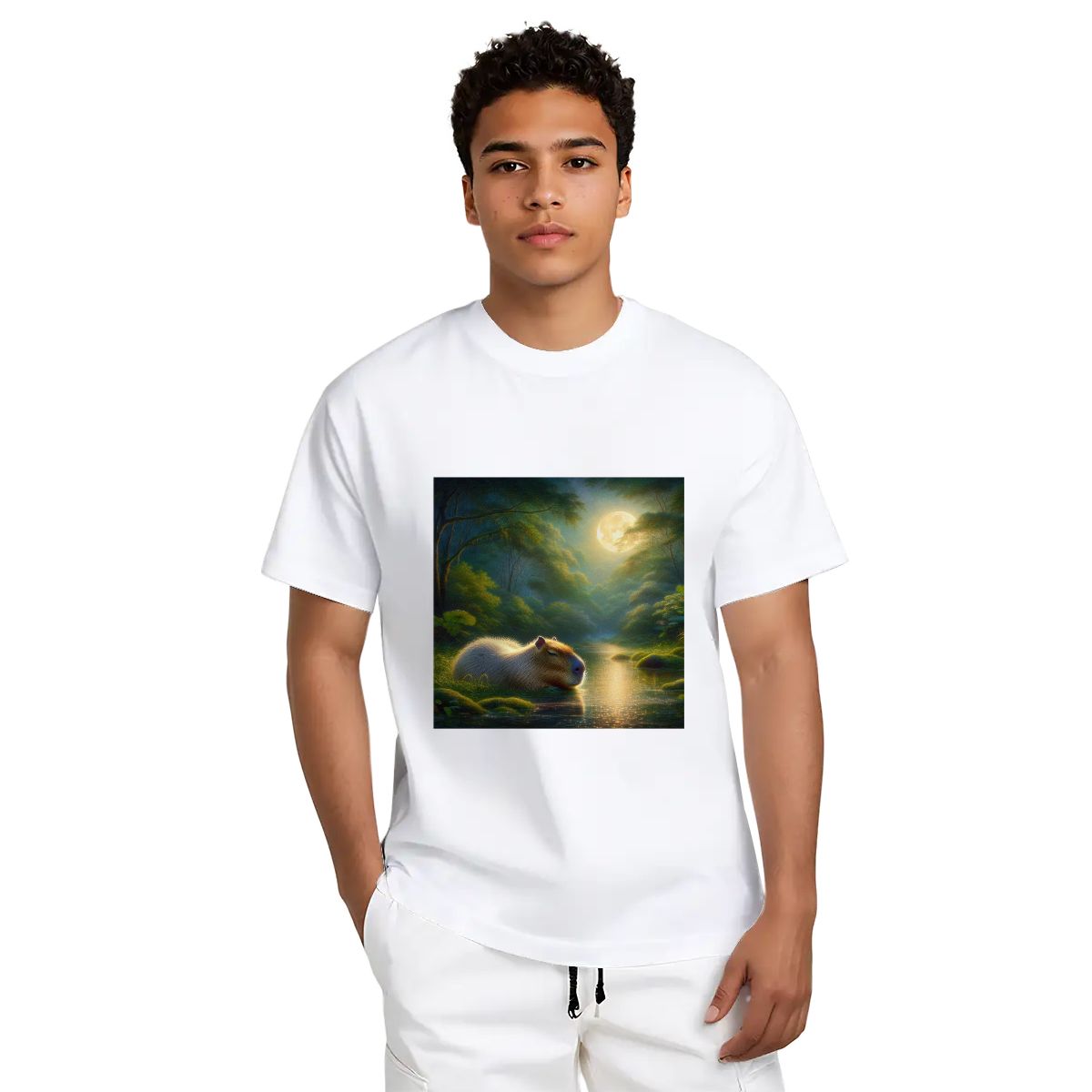 Capybara Under a Golden Moon - Gildan 5000 Unisex Cotton Tee - Gregg Acini Adoree Designs - T-Shirt