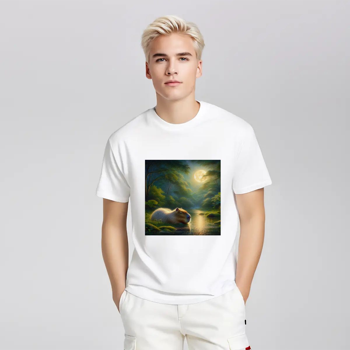 Capybara Under a Golden Moon - Gildan 5000 Unisex Cotton Tee - Gregg Acini Adoree Designs - T-Shirt