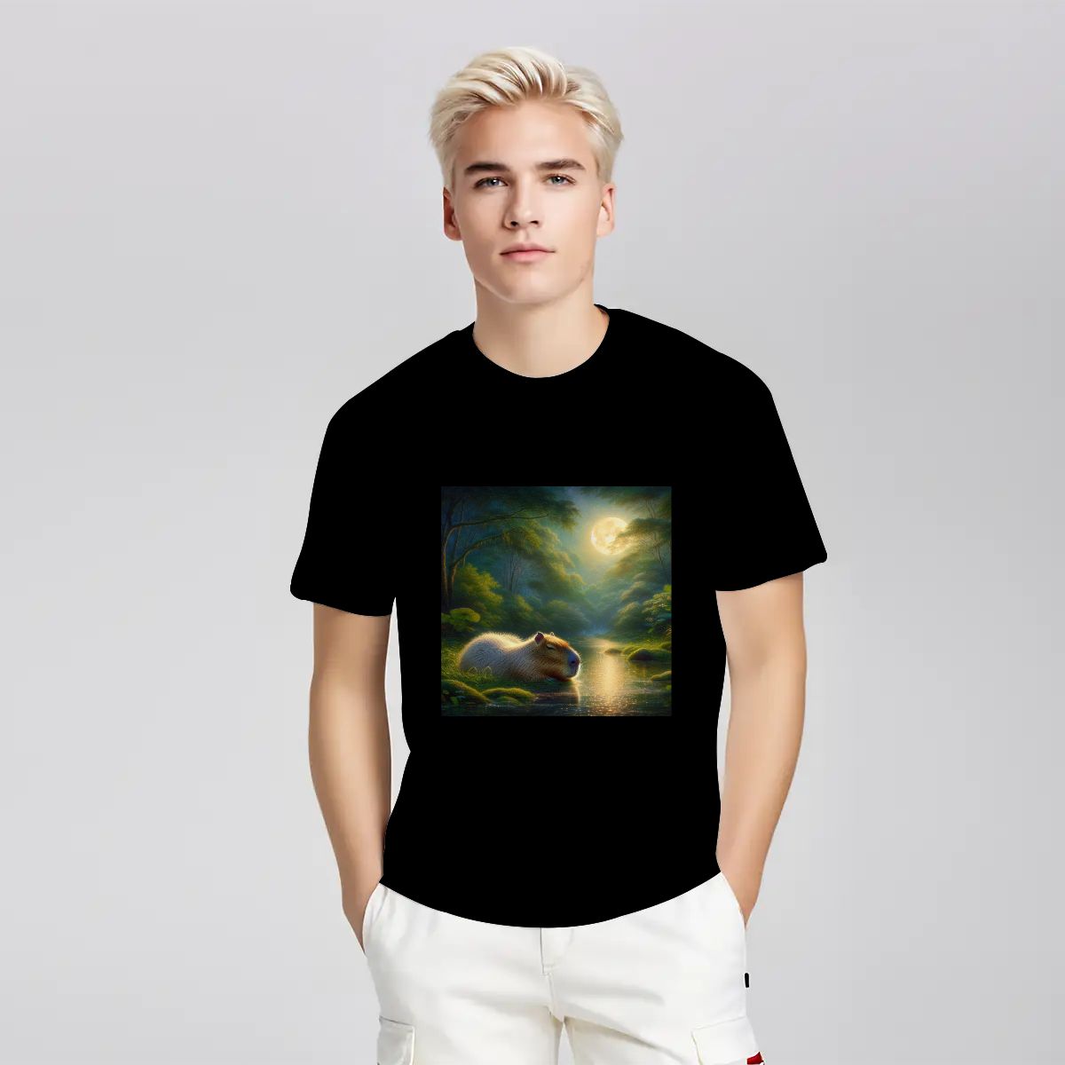 Capybara Under a Golden Moon - Gildan 5000 Unisex Cotton Tee - Gregg Acini Adoree Designs - T-Shirt