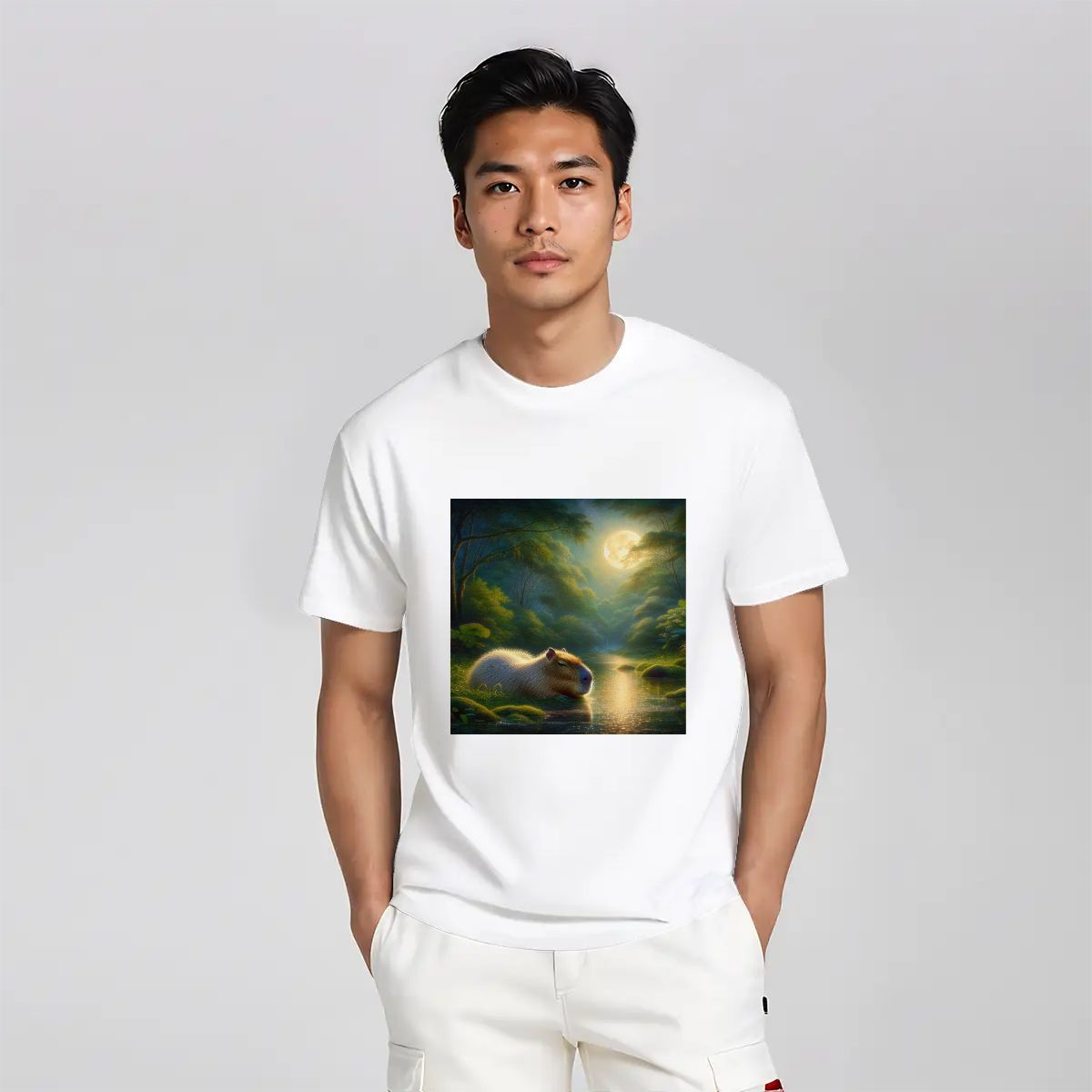 Capybara Under a Golden Moon - Gildan 5000 Unisex Cotton Tee - Gregg Acini Adoree Designs - T-Shirt