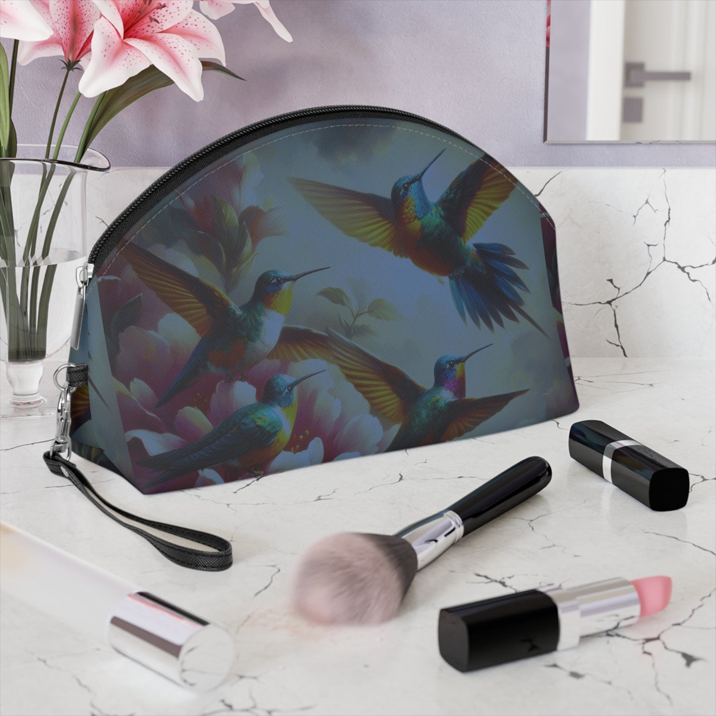 Deep Multicolor Hummingbirds Makeup Bag – Vibrant Cosmetic Pouch - Gregg Acini Adoree Designs - Bags