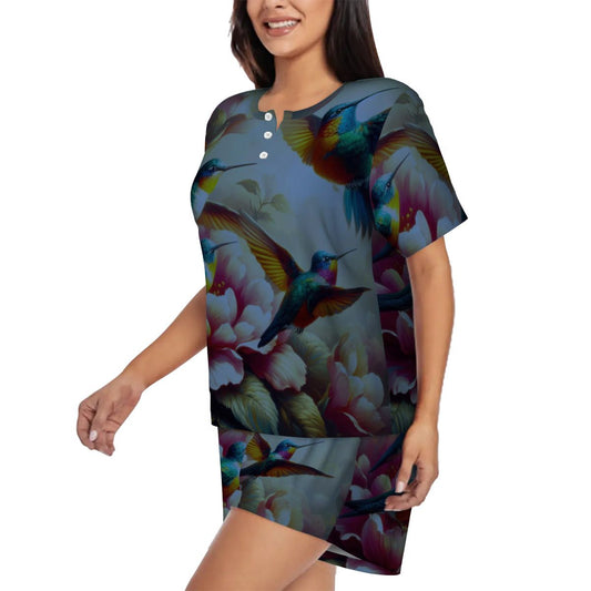 Deep Multicolor Hummingbirds Pajama Set for Women Crew Neck Short Sleeve - Gregg Acini Adoree Designs - Women's Pajamas