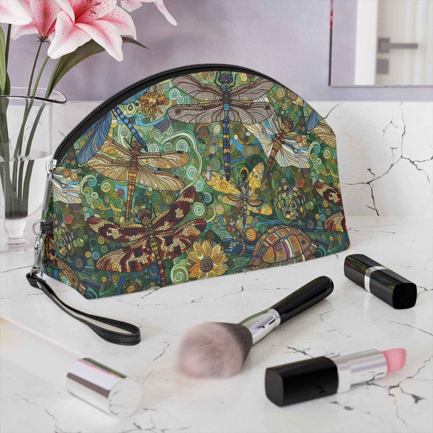 Dragonflies Makeup Bag – Vibrant Floral Cosmetic Pouch for Nature Lovers - Gregg Acini Adoree Designs - Bags
