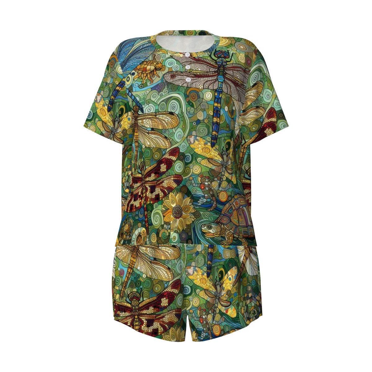 Dragonflies Pajama Set for Women Crew Neck Short Sleeve - Gregg Acini Adoree Designs - Women's Pajamas