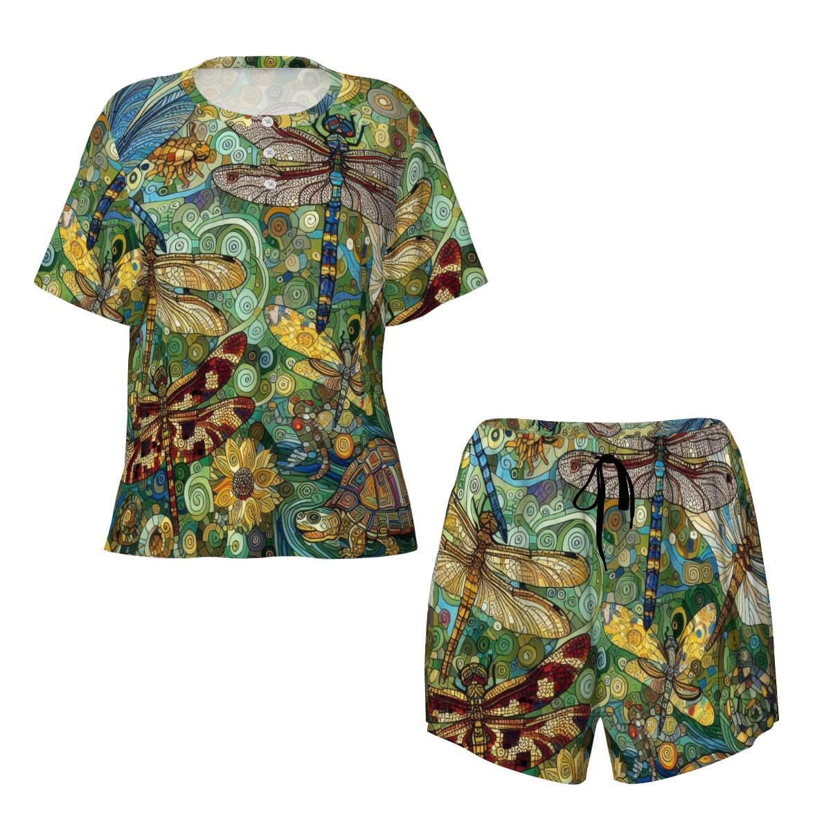 Dragonflies Pajama Set for Women Crew Neck Short Sleeve - Gregg Acini Adoree Designs - Women's Pajamas