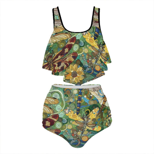 Dragonflies Plus Size Ruffle Two Piece Swimsuit - Gregg Acini Adoree Designs - Women's Swimwear
