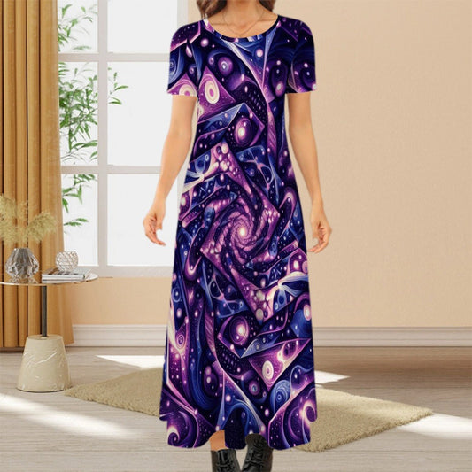 Galactic Purple Crew Neck Short Sleeve Maxi Dress - Gregg Acini Adoree Designs - Dress