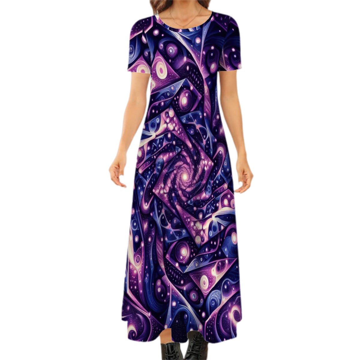 galaxy maxi dress Galactic Purple Crew Neck Short Sleeve Maxi Dress