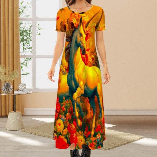 Golden Unicorns and Butterflies Crew Neck Short Sleeve Maxi Dress - Gregg Acini Adoree Designs - Dress