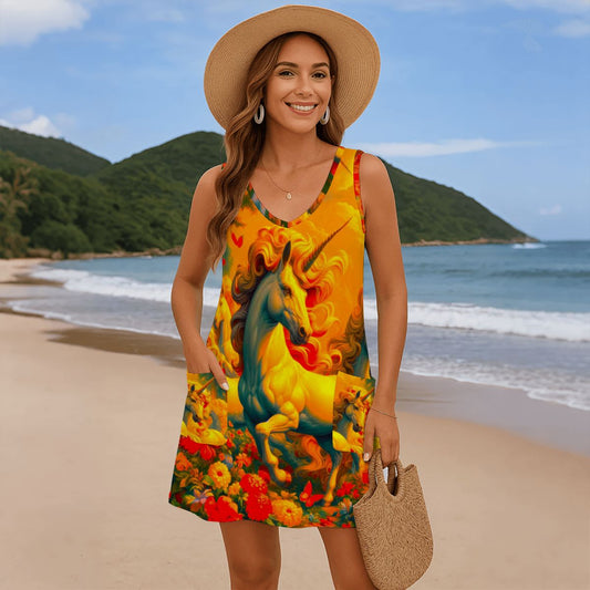 Golden Unicorns and Butterflies Women's Sleeveless Dress with Pockets - Gregg Acini Adoree Designs - Women's Skirts & Dresses