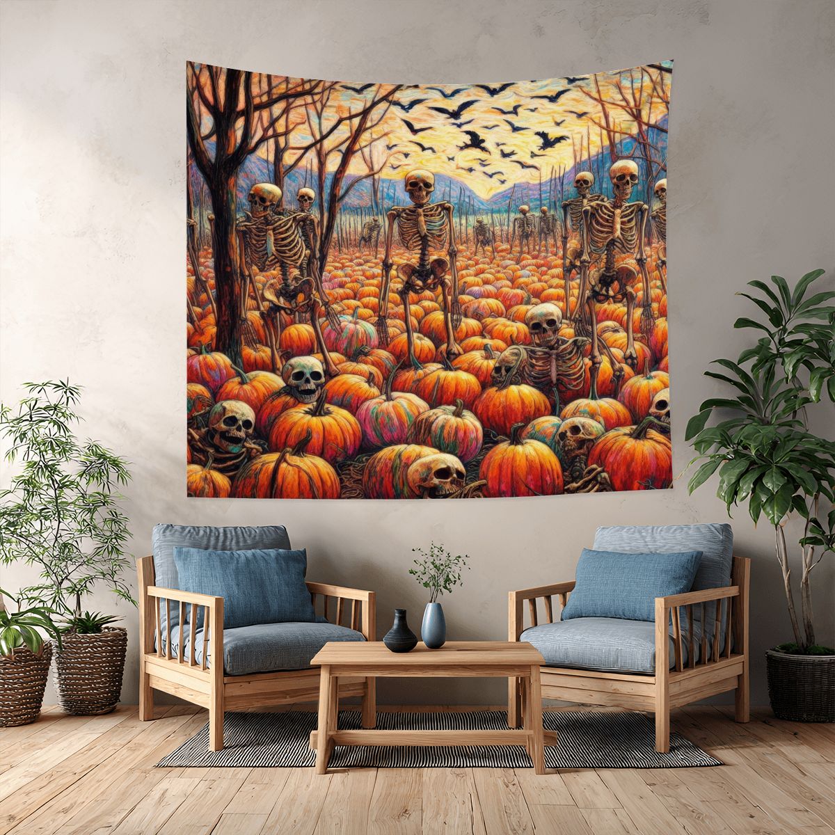 Halloween Skeletons and Pumpkins Lightweight Wall Tapestry (Fabric Wall Hanging - USA) - Gregg Acini Adoree Designs - Wall Coverings