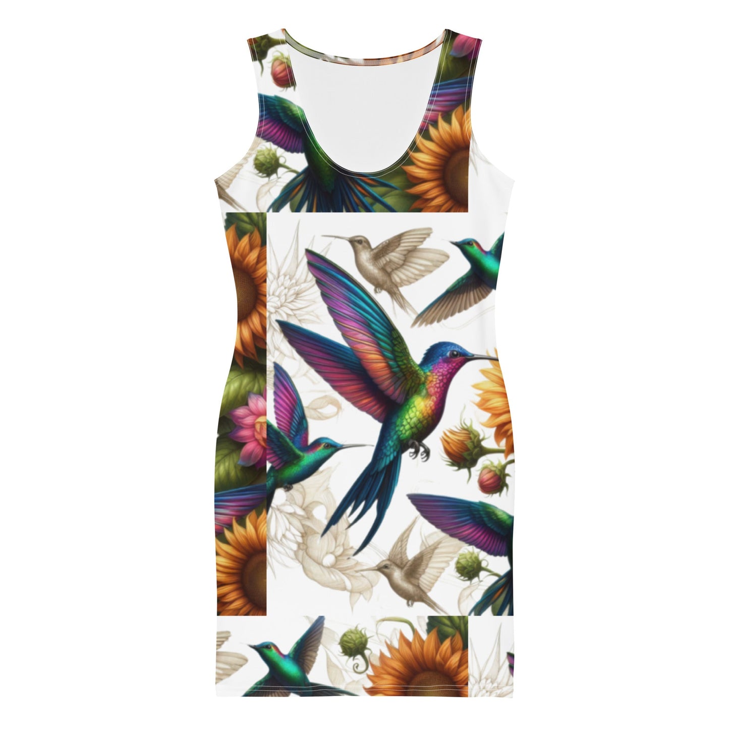 Hummingbird and Sunflowers Bodycon dress - Gregg Acini Adoree Designs - Dress
