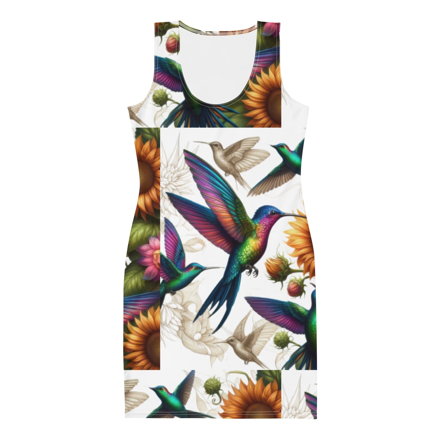 Hummingbird and Sunflowers Bodycon dress - Gregg Acini Adoree Designs - Dress