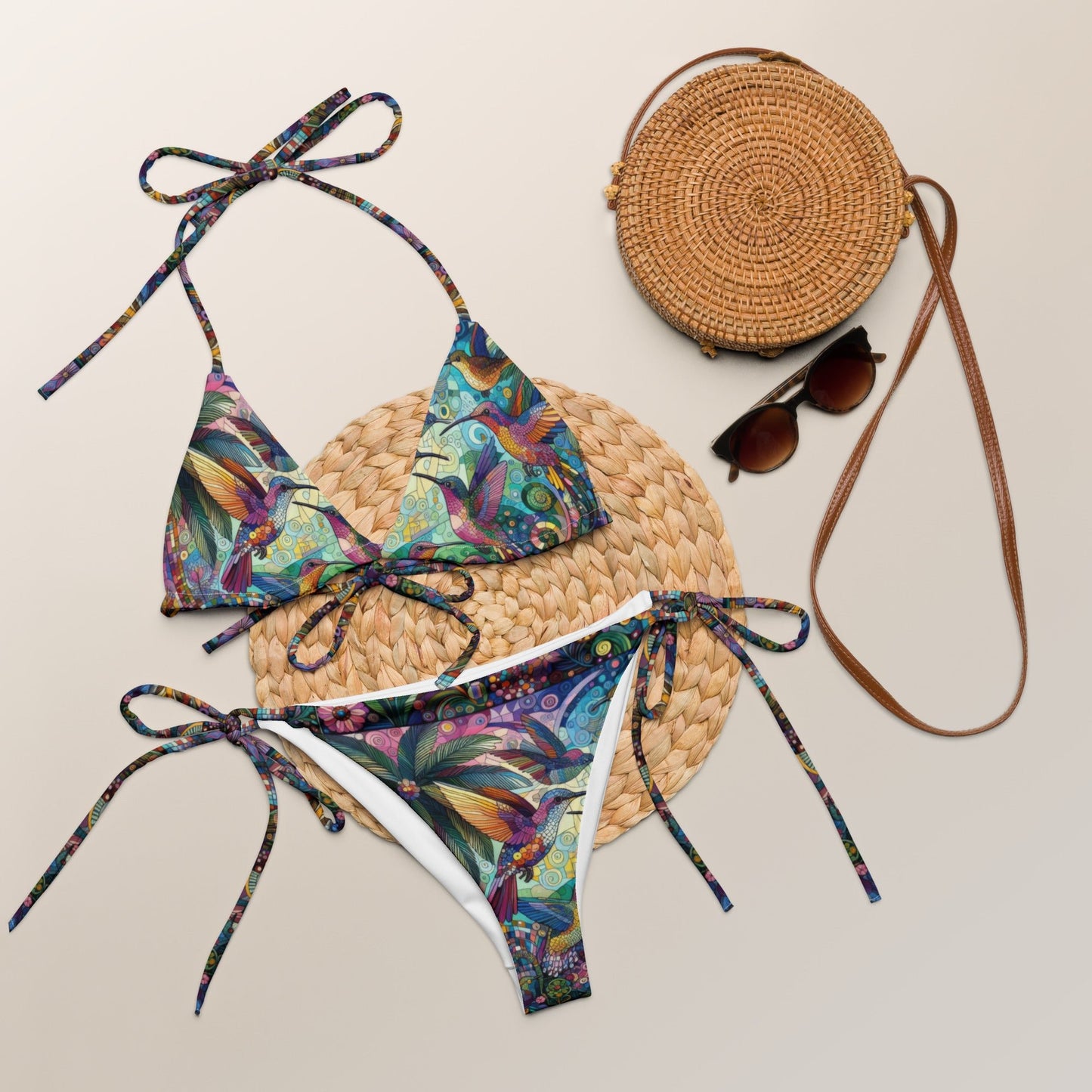 Hummingbird Kaleidoscope All - over print recycled string bikini - Gregg Acini Adoree Designs - Women's Swimwear
