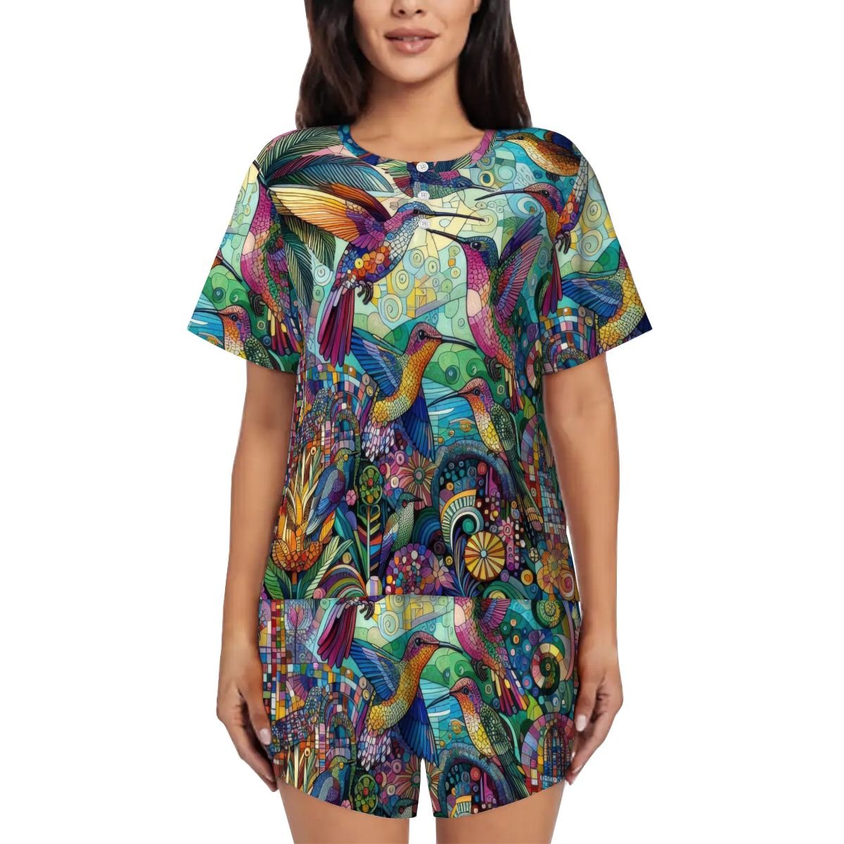 Hummingbird Kaleidoscope Pajama Set for Women Crew Neck Short Sleeve - Gregg Acini Adoree Designs - Women's Pajamas