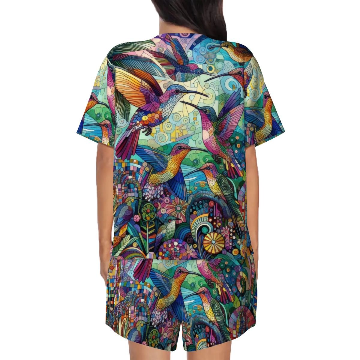 Hummingbird Kaleidoscope Pajama Set for Women Crew Neck Short Sleeve - Gregg Acini Adoree Designs - Women's Pajamas