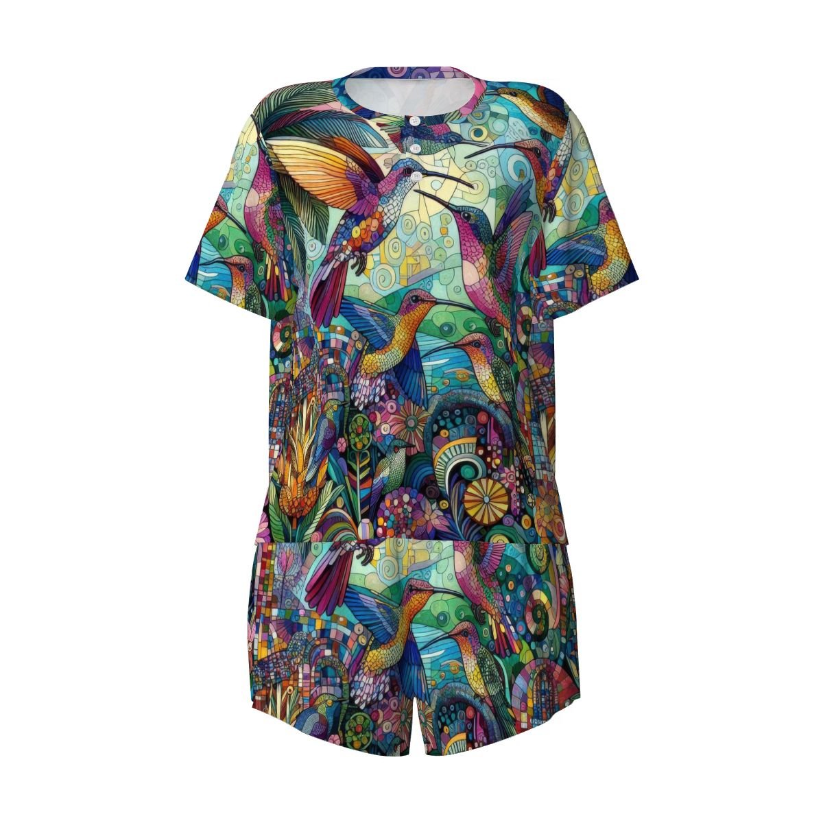 Hummingbird Kaleidoscope Pajama Set for Women Crew Neck Short Sleeve - Gregg Acini Adoree Designs - Women's Pajamas
