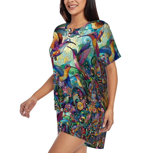 Hummingbird Kaleidoscope Pajama Set for Women Crew Neck Short Sleeve - Gregg Acini Adoree Designs - Women's Pajamas