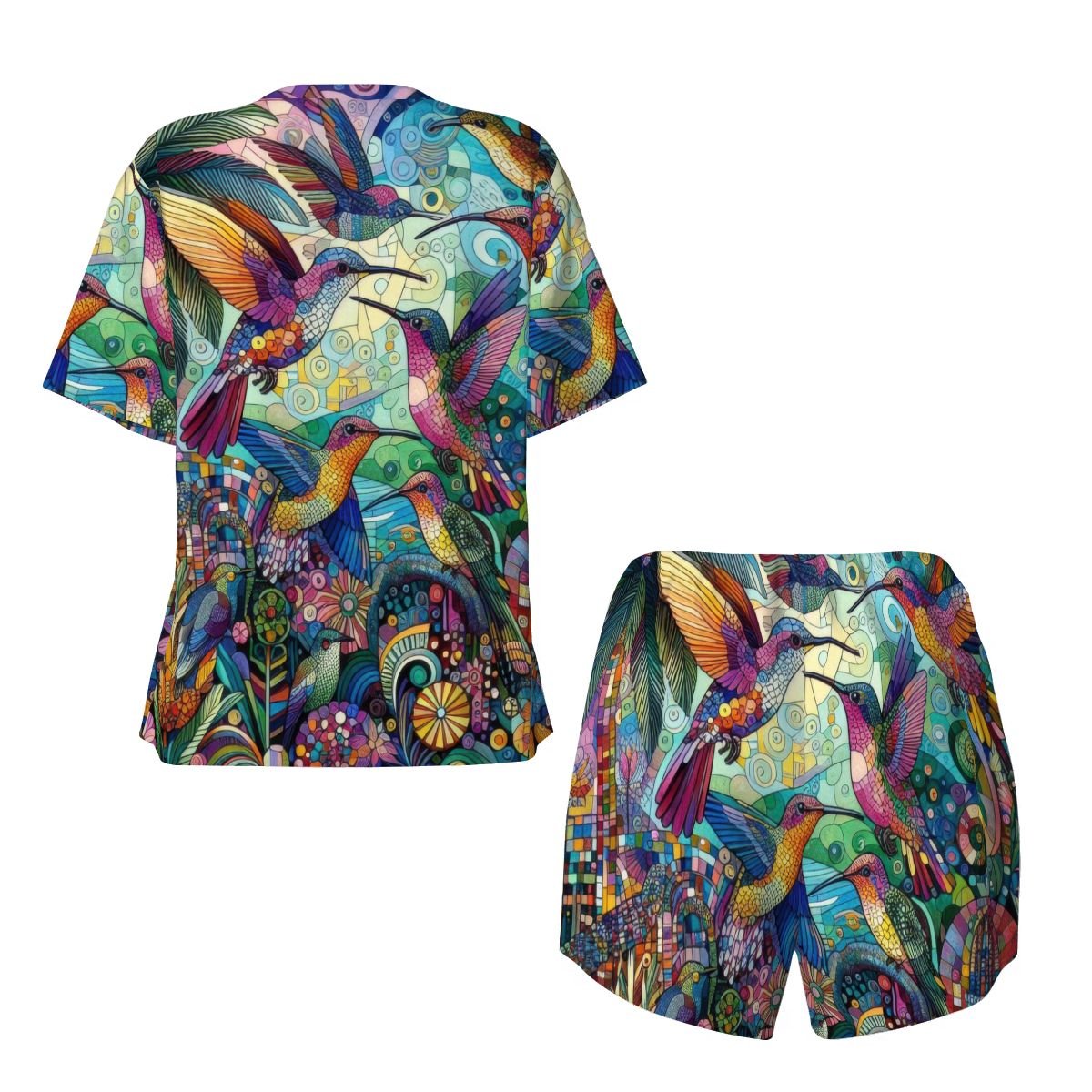 Hummingbird Kaleidoscope Pajama Set for Women Crew Neck Short Sleeve - Gregg Acini Adoree Designs - Women's Pajamas