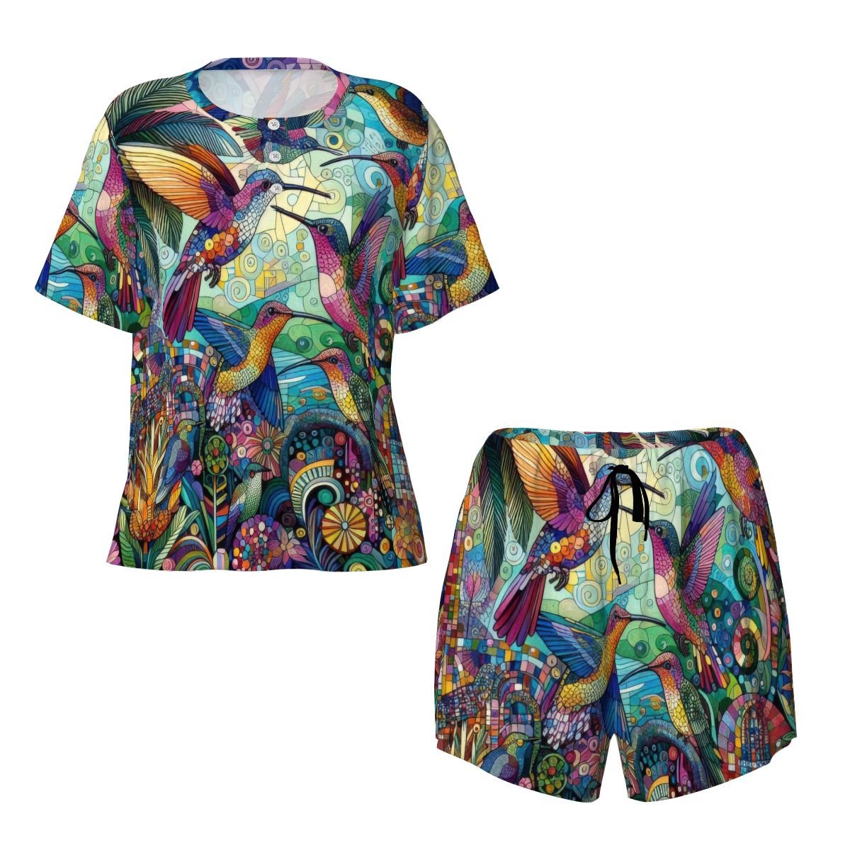Hummingbird Kaleidoscope Pajama Set for Women Crew Neck Short Sleeve - Gregg Acini Adoree Designs - Women's Pajamas