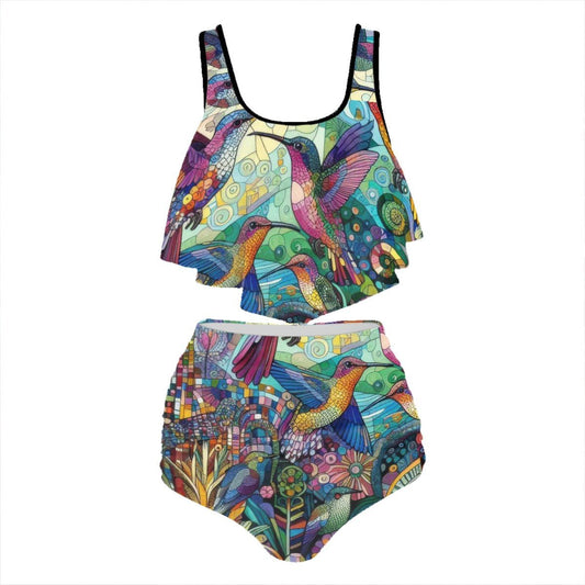 Hummingbird Kaleidoscope Plus Size Ruffle Two Piece Swimsuit - Gregg Acini Adoree Designs - Women's Swimwear
