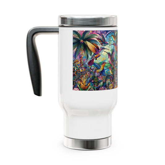 Hummingbird Kaleidoscope Stainless Steel Travel Mug - 14oz Handle Design - Gregg Acini Adoree Designs - Mug