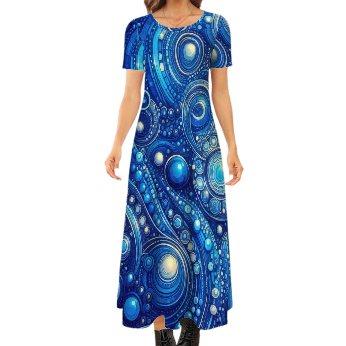 KL - DkBlue1 Crew Neck Short Sleeve Maxi Dress - Gregg Acini Adoree Designs - Dress