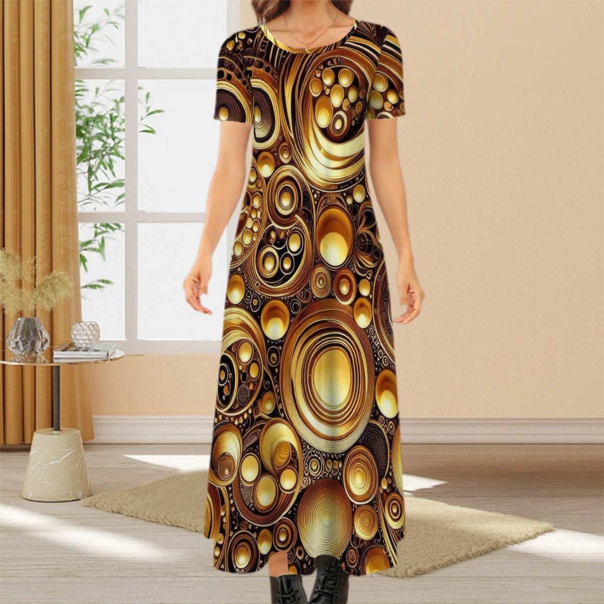 KL - Gold1 Crew Neck Short Sleeve Maxi Dress - Gregg Acini Adoree Designs - Dress