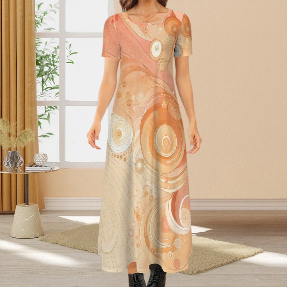 KL - Peach1 Crew Neck Short Sleeve Maxi Dress - Gregg Acini Adoree Designs - Dress