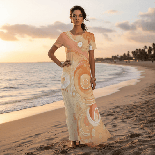 KL - Peach1 Crew Neck Short Sleeve Maxi Dress - Gregg Acini Adoree Designs - Dress