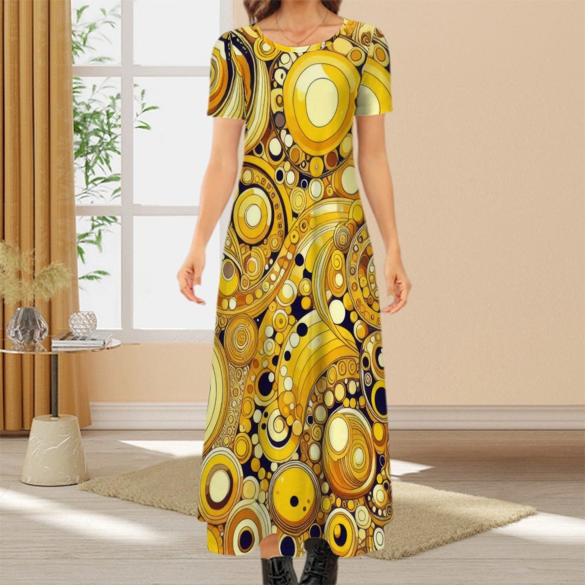 KL - Yellow1 Crew Neck Short Sleeve Maxi Dress - Gregg Acini Adoree Designs - Dress