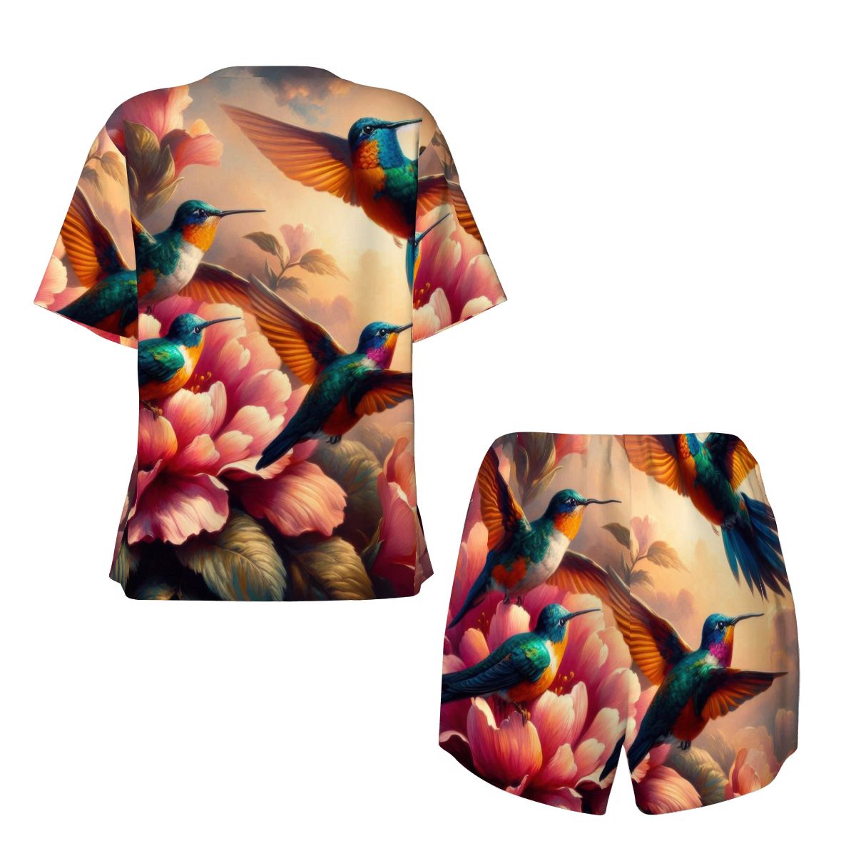 Multicolor Hummingbirds Pajama Set for Women Crew Neck Short Sleeve - Gregg Acini Adoree Designs - Women's Pajamas