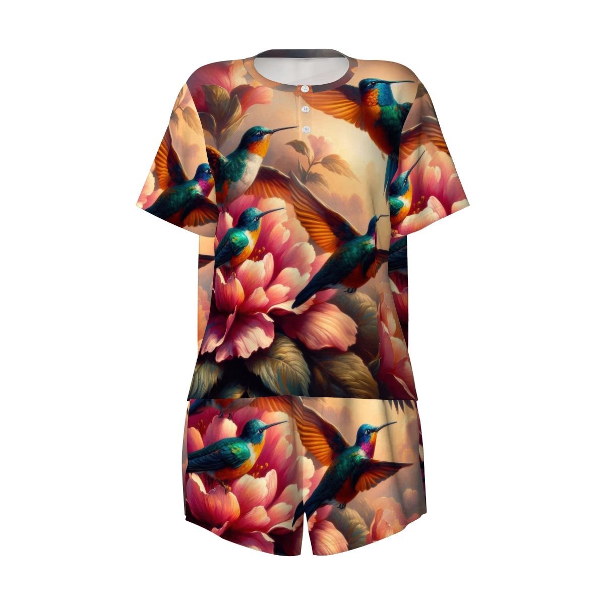 Multicolor Hummingbirds Pajama Set for Women Crew Neck Short Sleeve - Gregg Acini Adoree Designs - Women's Pajamas