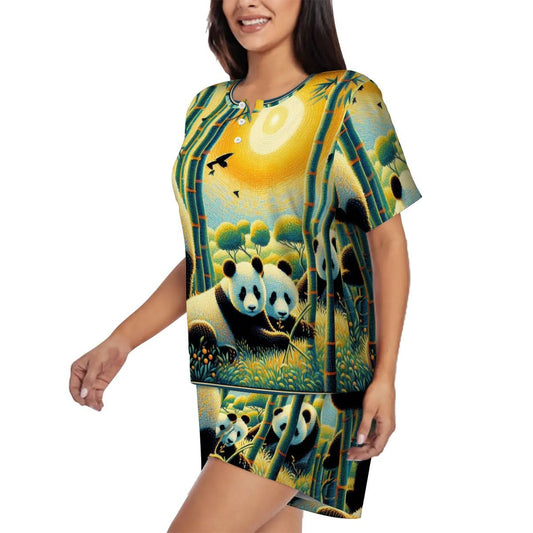 Panda Family Pajama Set for Women Crew Neck Short Sleeve - Gregg Acini Adoree Designs - Women's Pajamas