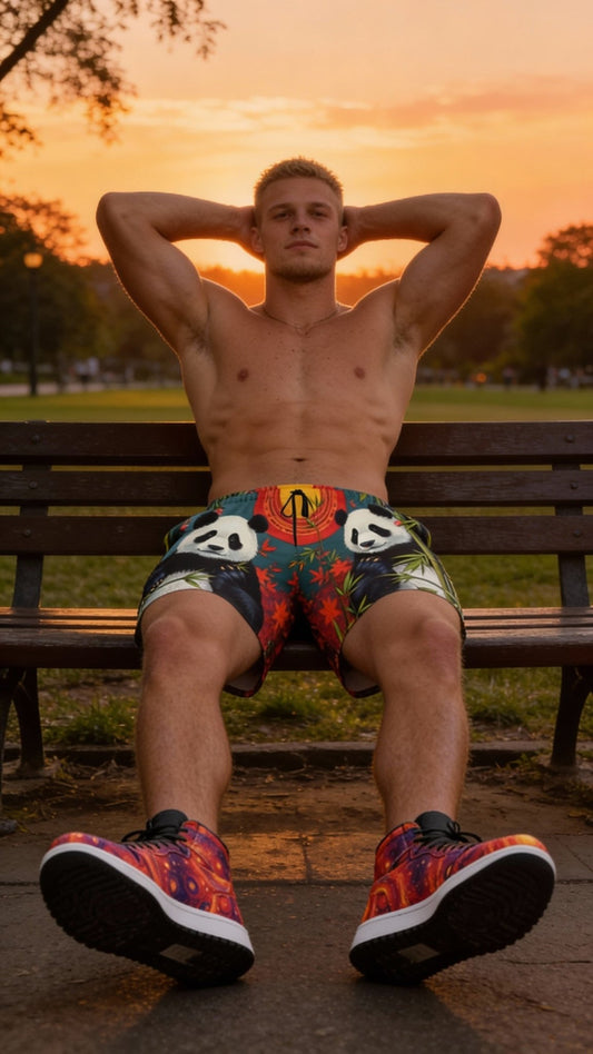 Panda Sunset Men's Beach Shorts - Gregg Acini Adoree Designs - Swimsuit