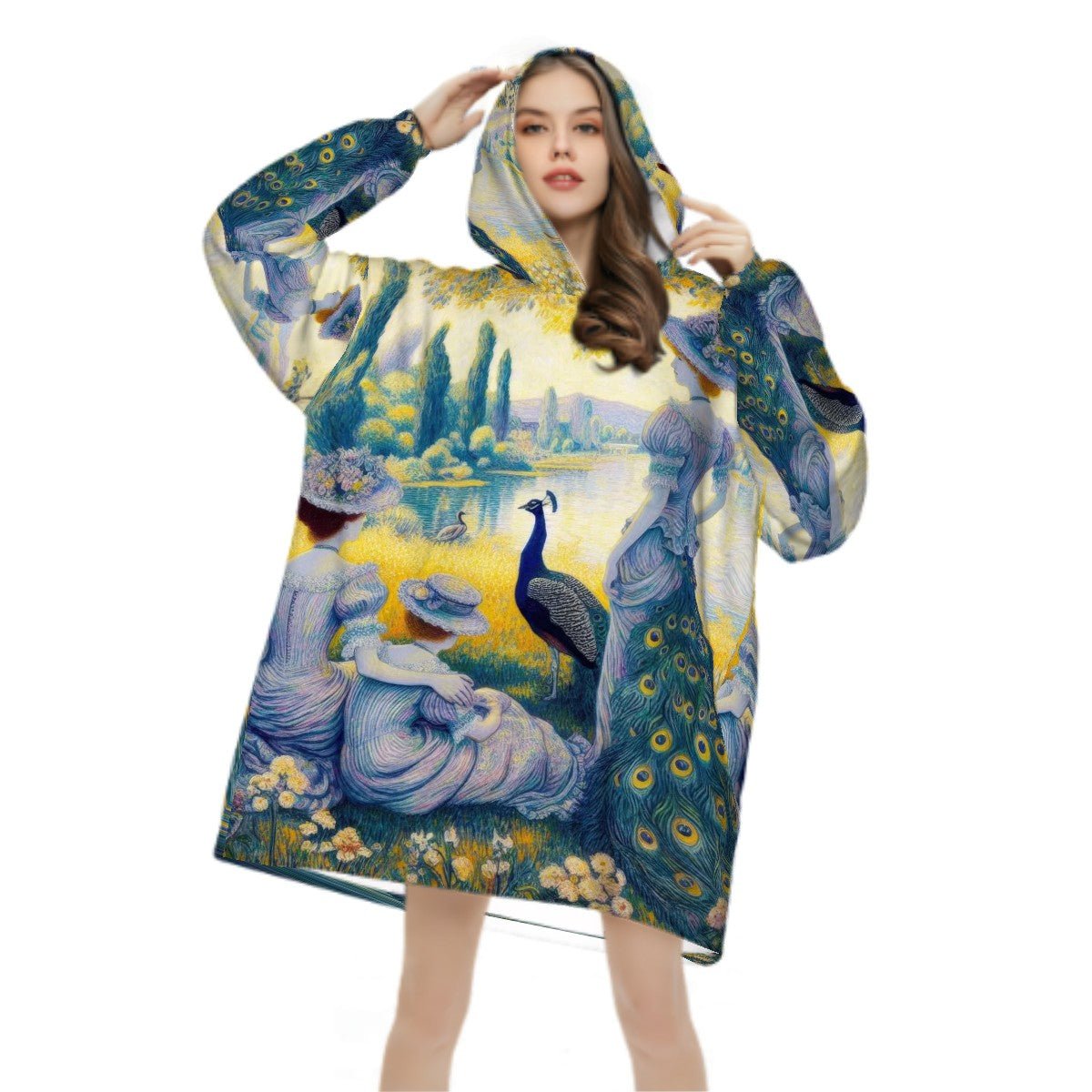 Peacock Lady With Friends Adult Blanket Hoodie - Gregg Acini Adoree Designs - Hooded Blanket