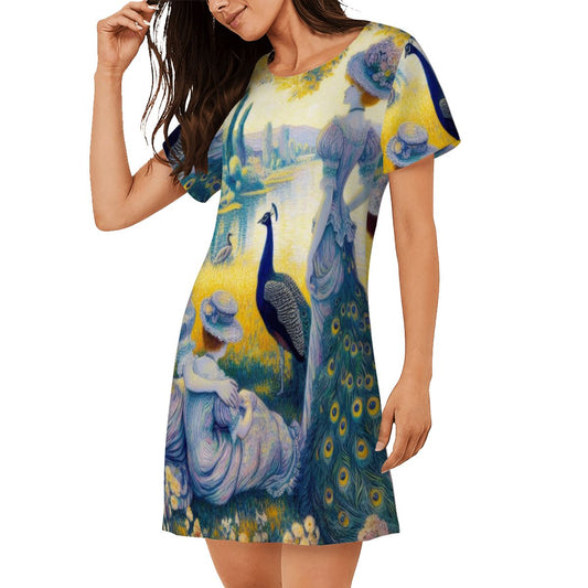 Peacock Lady with Friends Loose Short - Sleeve Nightgown - Gregg Acini Adoree Designs - Women's Pajamas