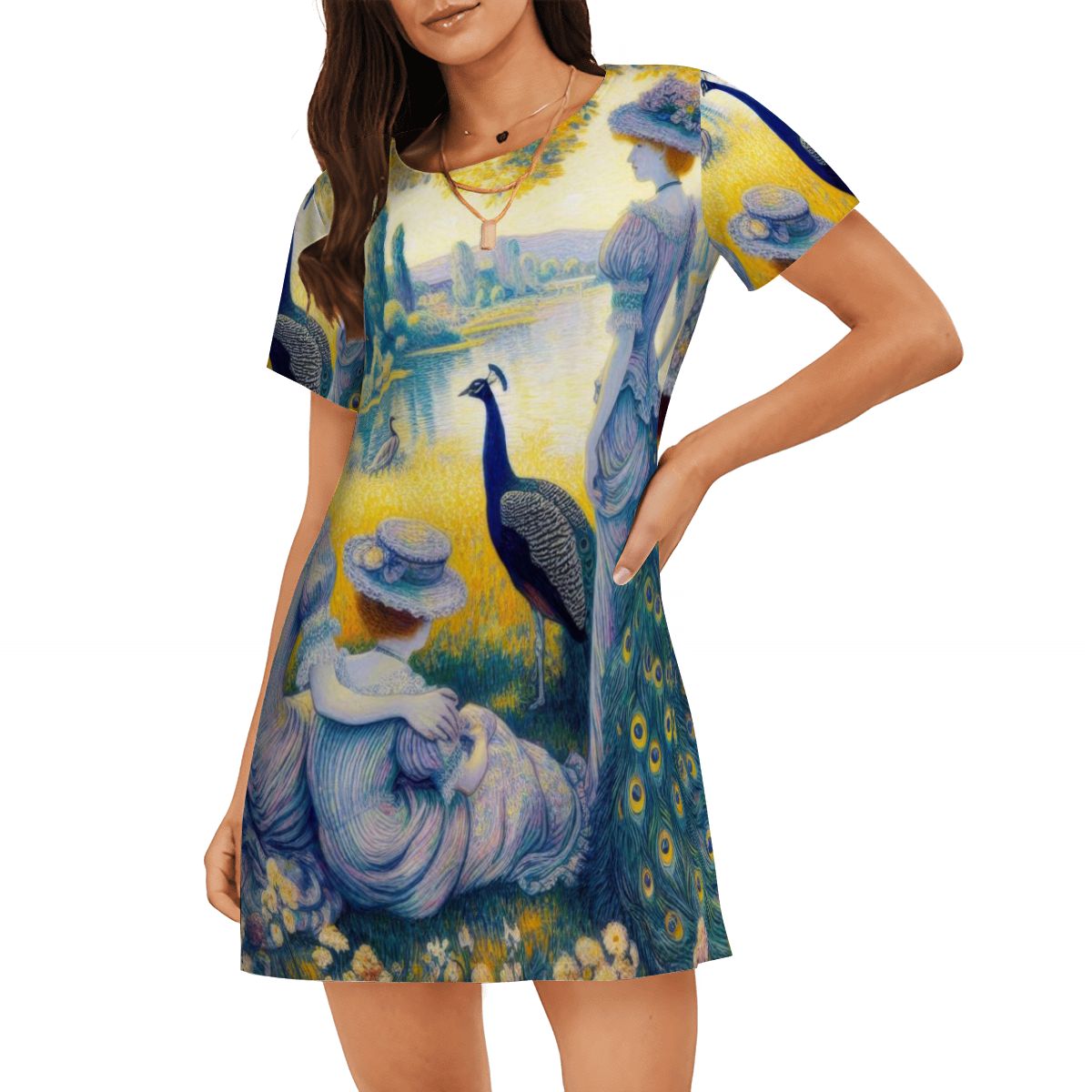 Peacock Lady with Friends Loose Short - Sleeve Nightgown - Gregg Acini Adoree Designs - Women's Pajamas