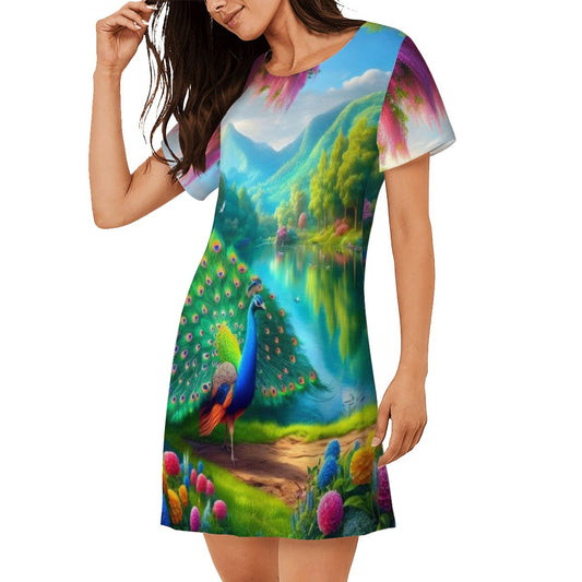 Peacock Under Wisteria Loose Short - Sleeve Nightgown - Gregg Acini Adoree Designs - Women's Pajamas