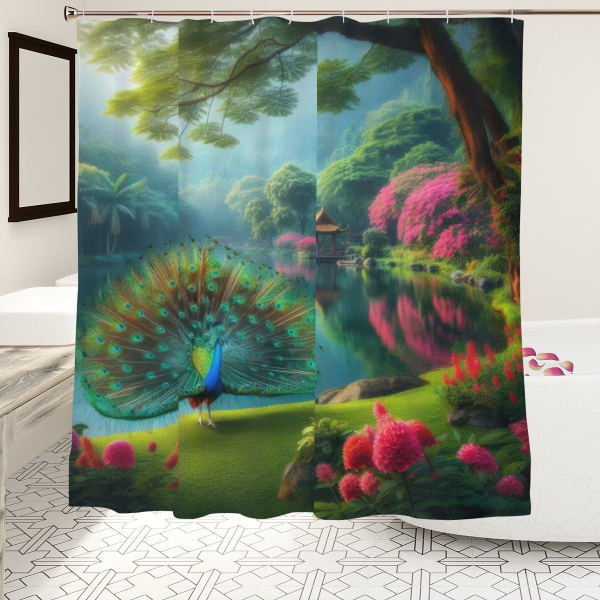 Peacock with Rhododendron Shower Curtain - Gregg Acini Adoree Designs - shower curtain