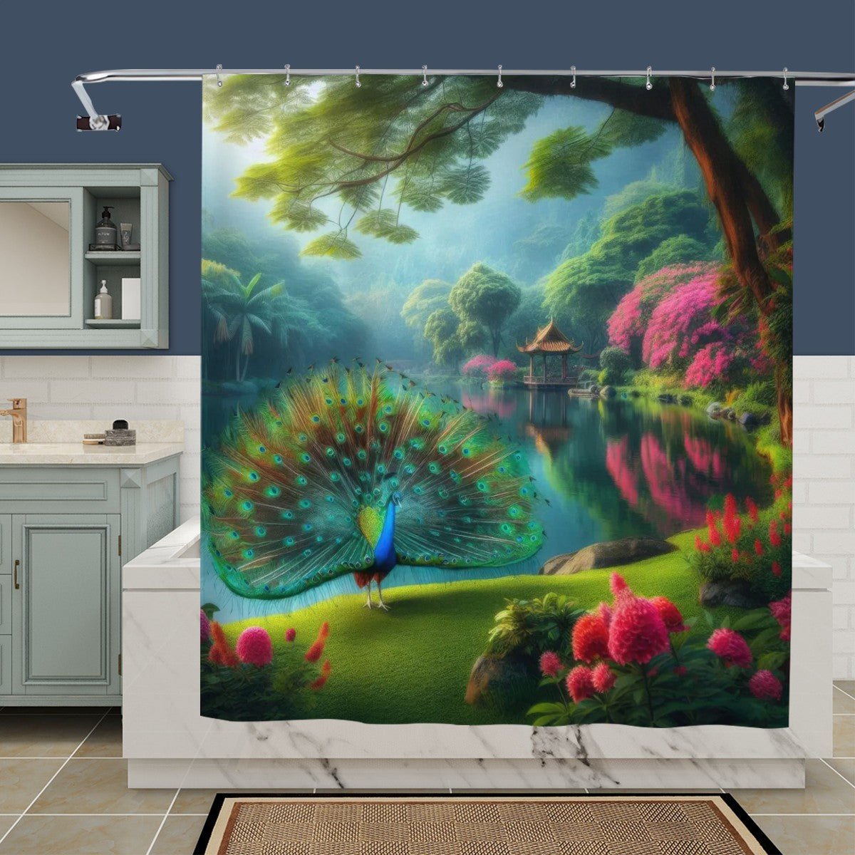 Peacock with Rhododendron Shower Curtain - Gregg Acini Adoree Designs - shower curtain