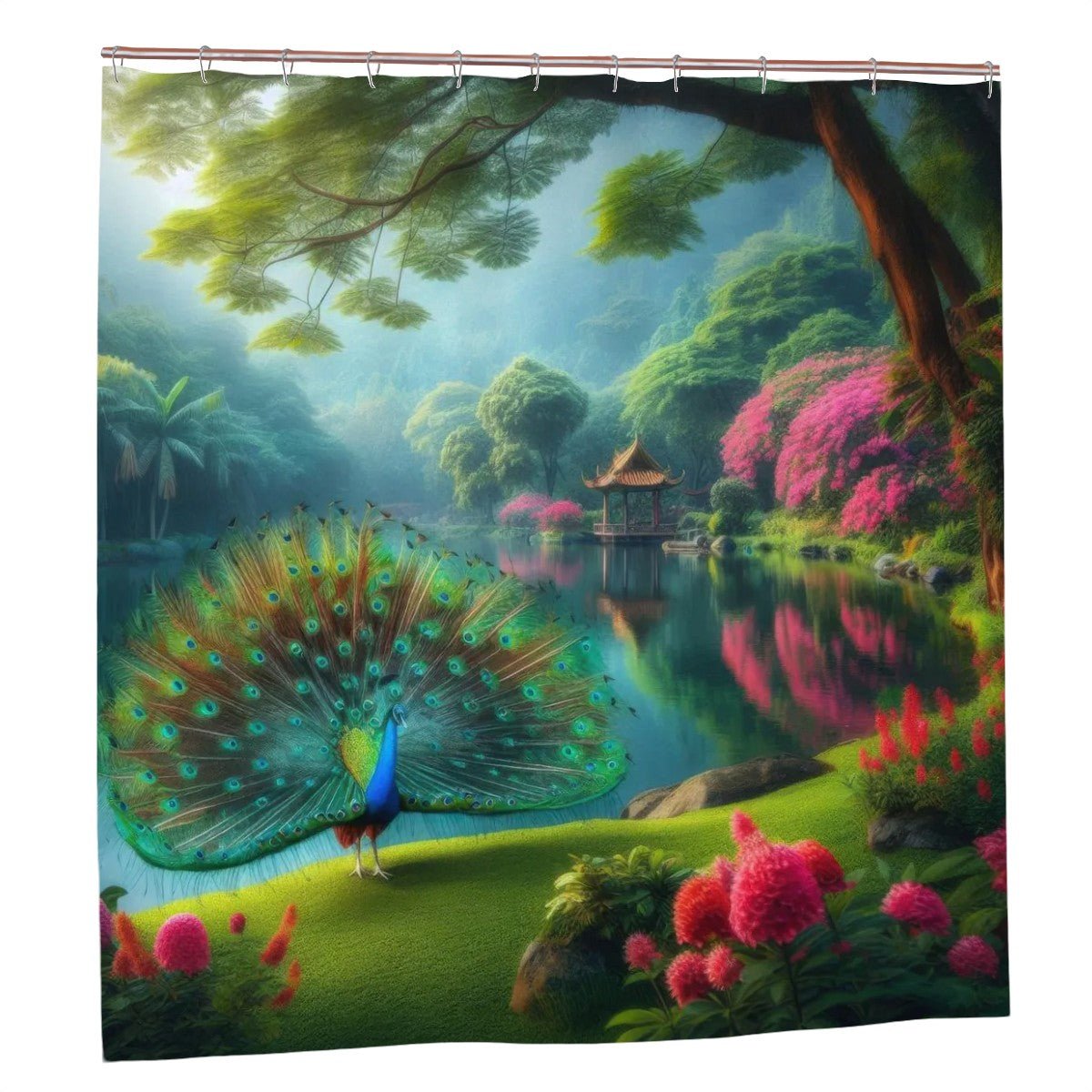 Peacock with Rhododendron Shower Curtain - Gregg Acini Adoree Designs - shower curtain