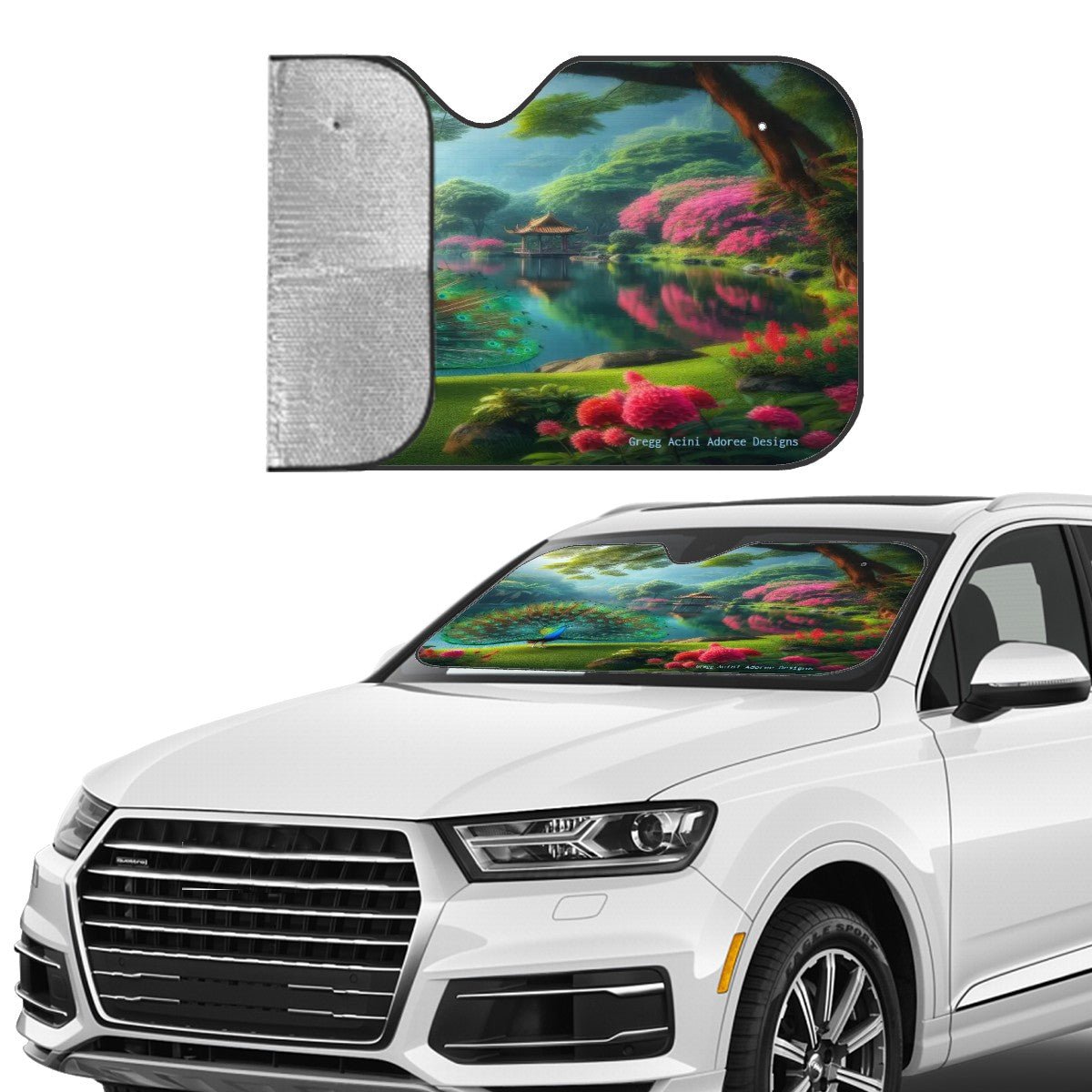 Peacock with Rhododendrons Car Windshield Sun Shade (Stiff Version) - Gregg Acini Adoree Designs - Sun Shade