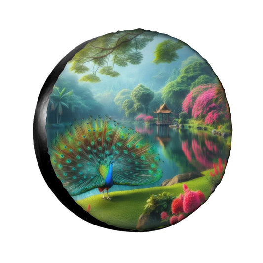 Peacock with Rhododendrons - Thickened Spare Tire Cover - Gregg Acini Adoree Designs - Spare Tire Cover