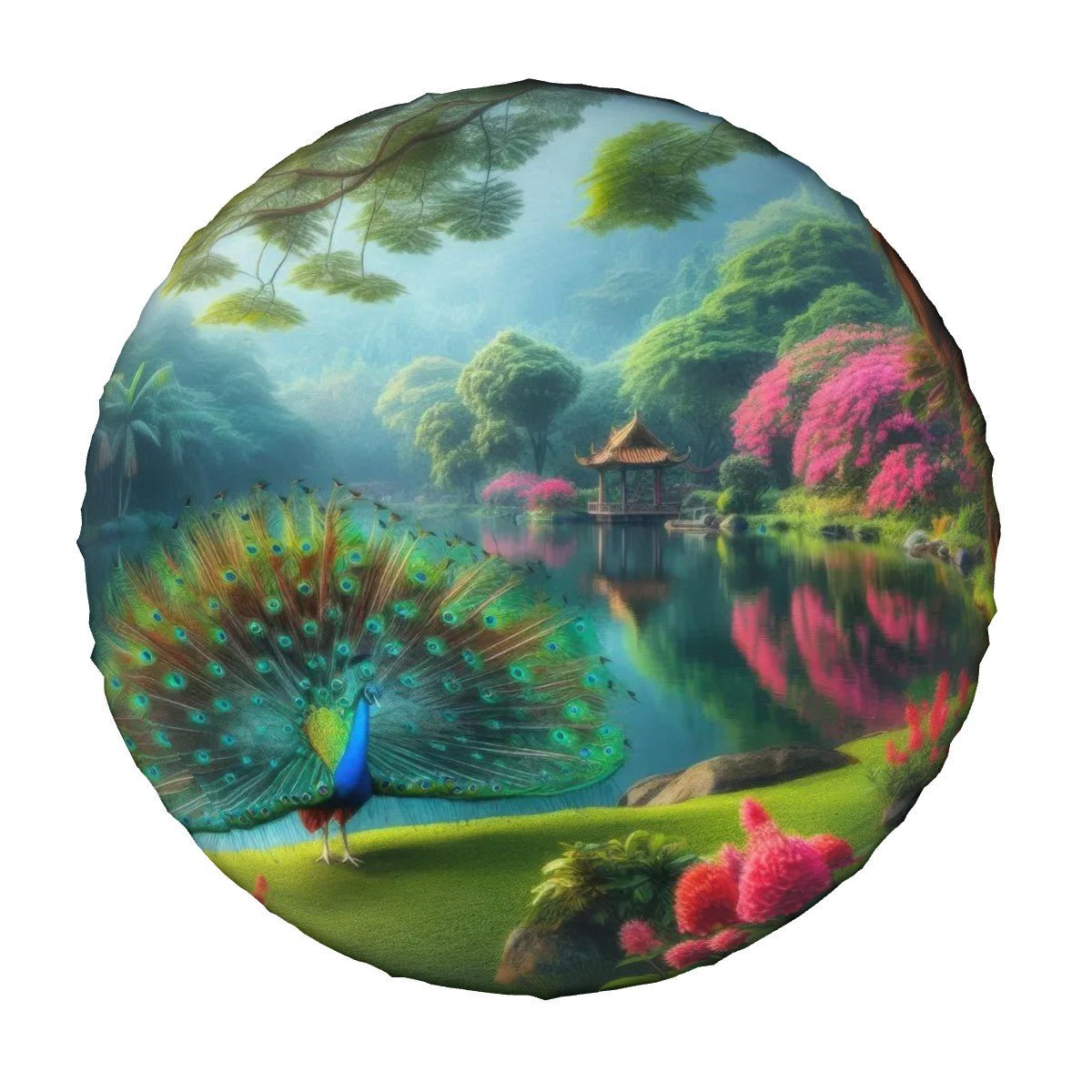 Peacock with Rhododendrons - Thickened Spare Tire Cover - Gregg Acini Adoree Designs - Spare Tire Cover