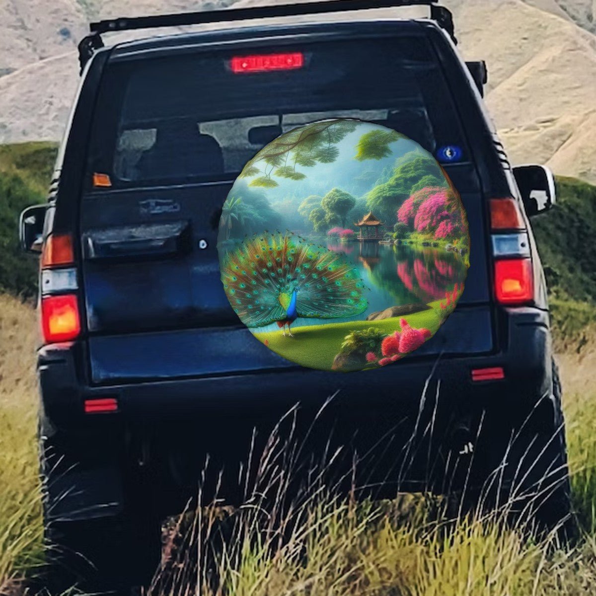 Peacock with Rhododendrons - Thickened Spare Tire Cover - Gregg Acini Adoree Designs - Spare Tire Cover