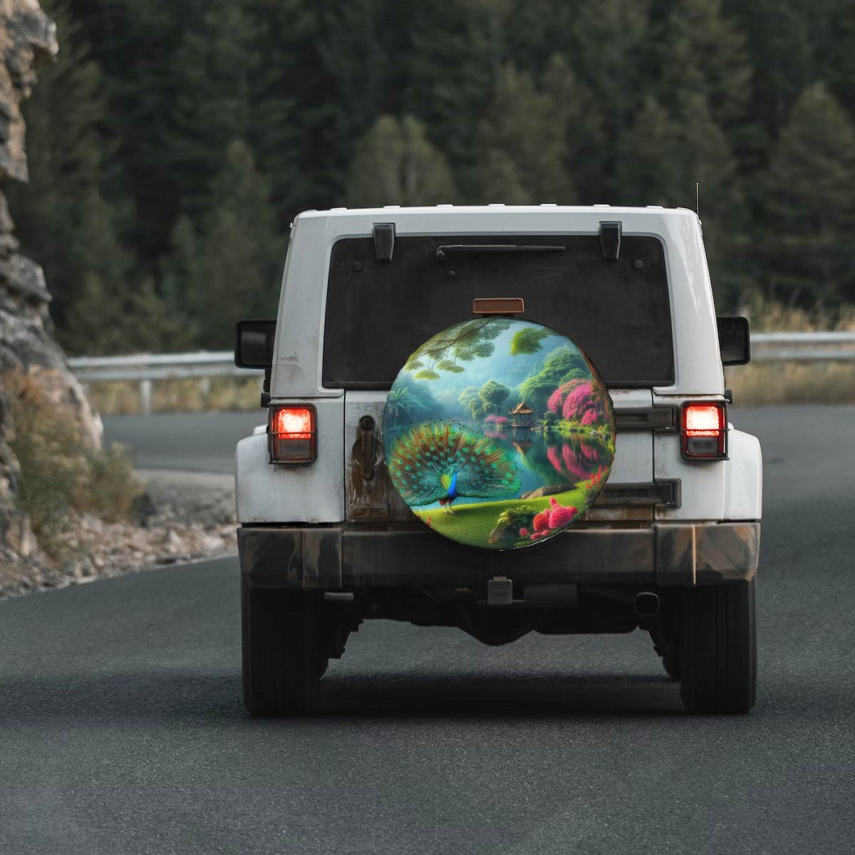 Peacock with Rhododendrons - Thickened Spare Tire Cover - Gregg Acini Adoree Designs - Spare Tire Cover