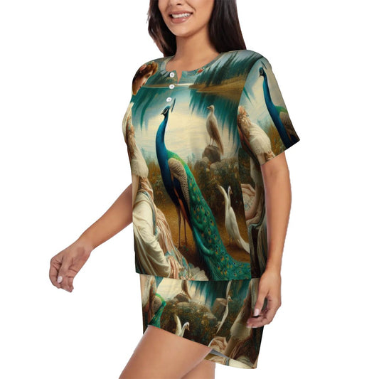 Portrait of a Lady and a Peacock Pajama Set for Women Crew Neck Short Sleeve - Gregg Acini Adoree Designs - Women's Pajamas